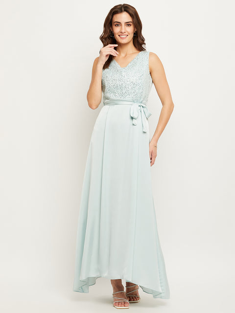 Madame Blue Embellished Tie-Waist Fit-Flare Dress