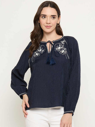 Madame Embroidered Tencel Blend Blue Top