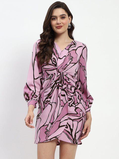 Madame Butterfly Print Wrap Style Surplice Neck Mauve Mini Dress
