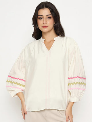 Madame Rayon Blend Dori Embroidered Off White Top