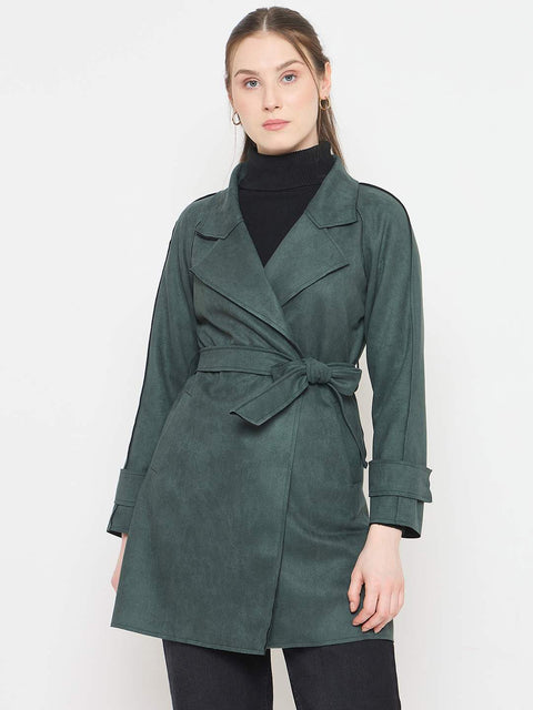 Madame Teal Trench Coat with Notched Lapel Neckline and Belt