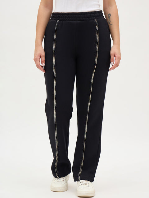 Madame Black Fleece Track Pants With Contrast Stitch