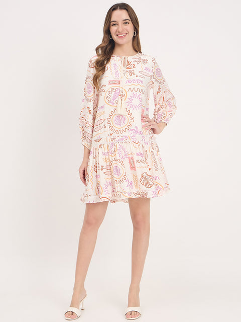 Madame Off White Printed Rayon A-Line Midi Dress