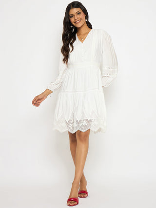 Madame Lace Detailed White Rayon Blend Dress