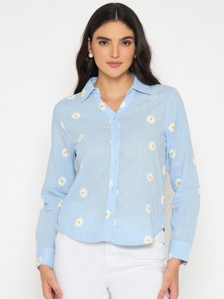Madame Floral Embroidery Blue Cotton Shirt