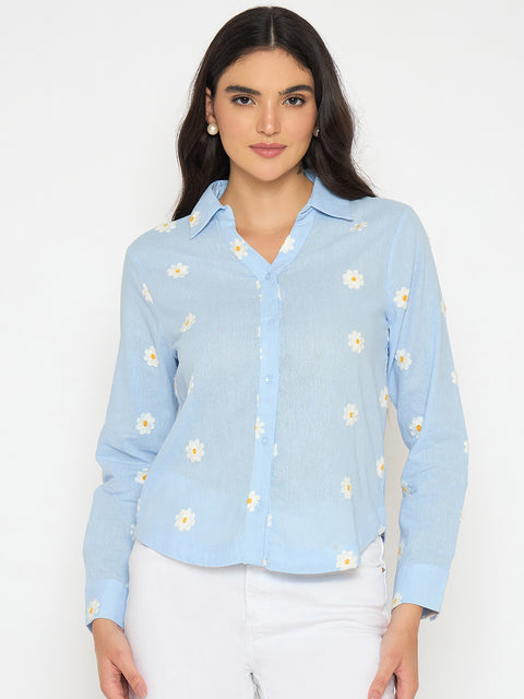 Madame Floral Embroidery Blue Cotton Shirt