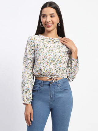 Madame Cotton Floral Print Drawstring Waist Multicolor Top