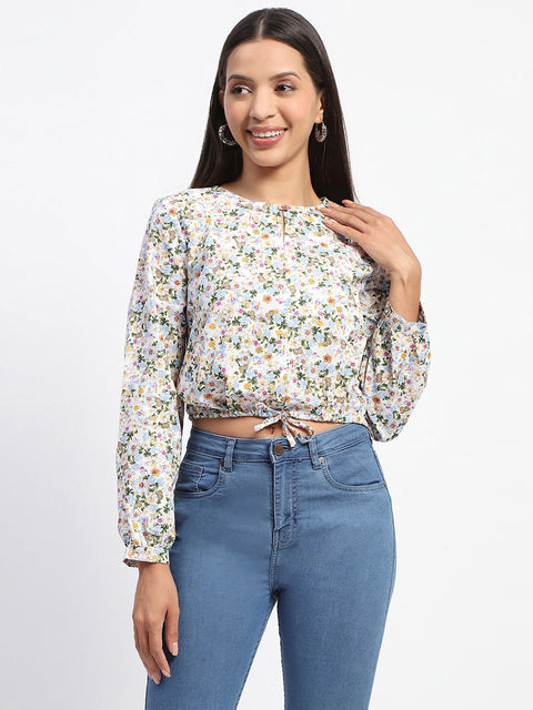 Madame Cotton Floral Print Drawstring Waist Multicolor Top