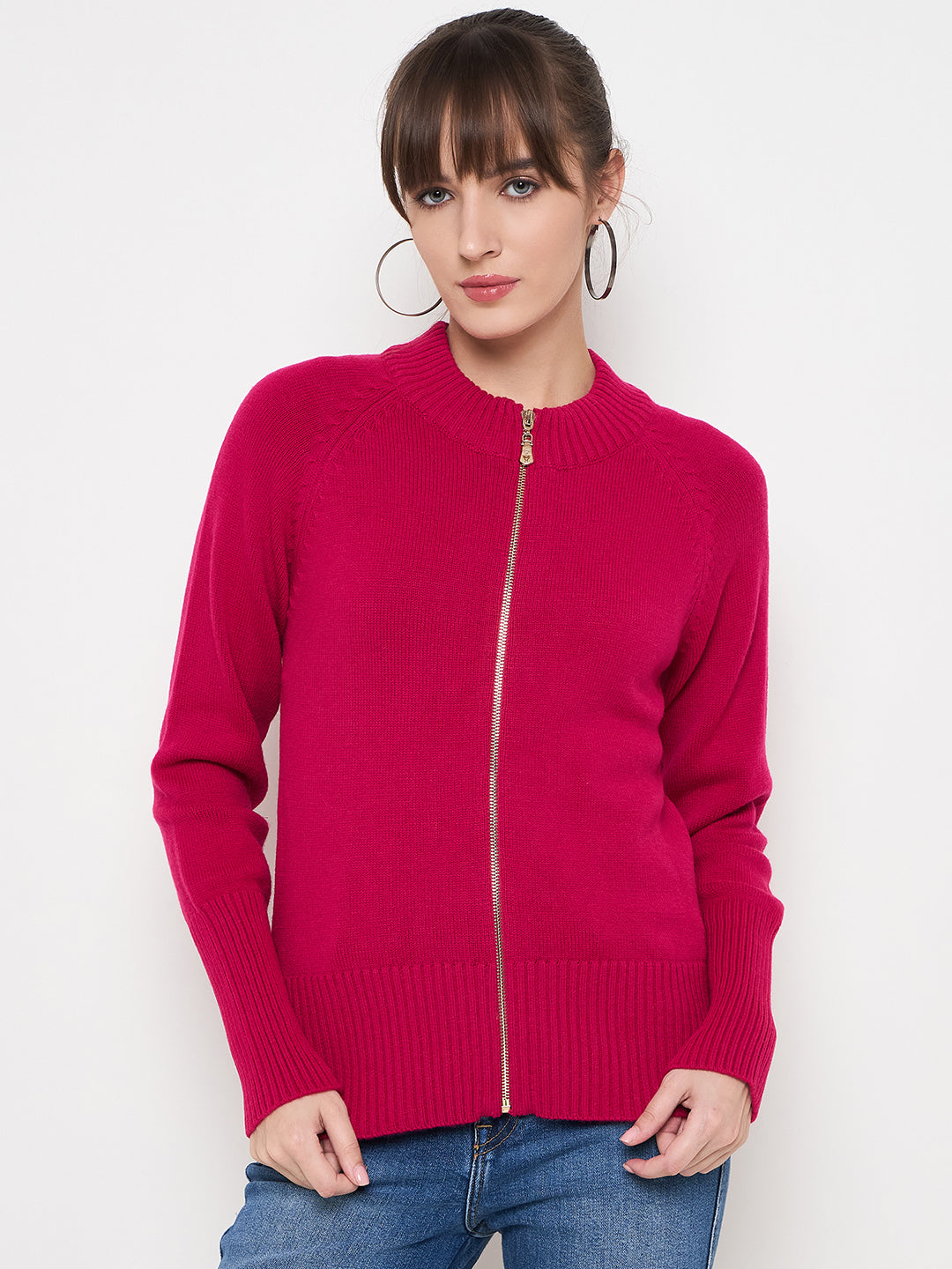 Madame Acrylic Blend Zipped Hot Pink Sweater color swatch