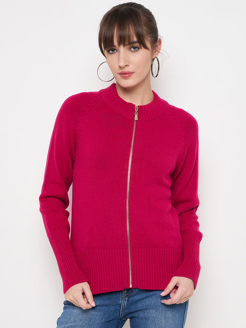 Madame Acrylic Blend Zipped Hot Pink Sweater