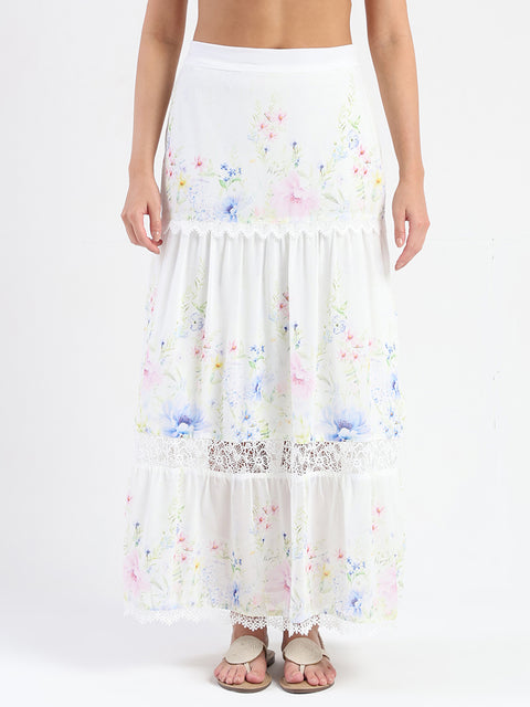 Madame Floral Print Tiered White Maxi Skirt