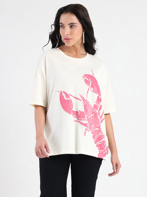 Madame Graphic Print Half Sleeve Off White Cotton T-shirt