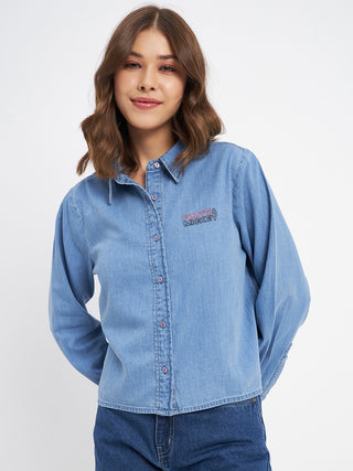 Madame Typography Print Collared Cotton Blue Shirt