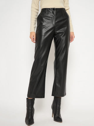 Madame Straight Fit Solid Black Faux Leather Trouser