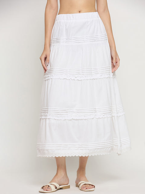 Madame White Cotton Lace Detail Flared Cropped Skirt