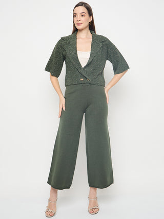 Madame Textured Coat with Solid Top and Bottoms Olive Green Co-ord Set