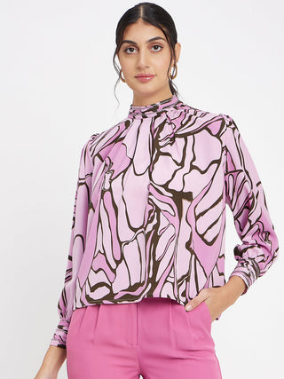 Madame Embellished Butterfly Print Mock Neck Mauve Top