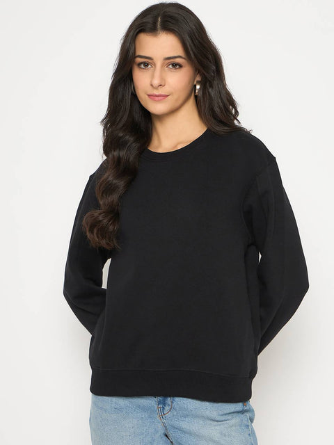 Madame Cotton Blend Solid Black Sweatshirt