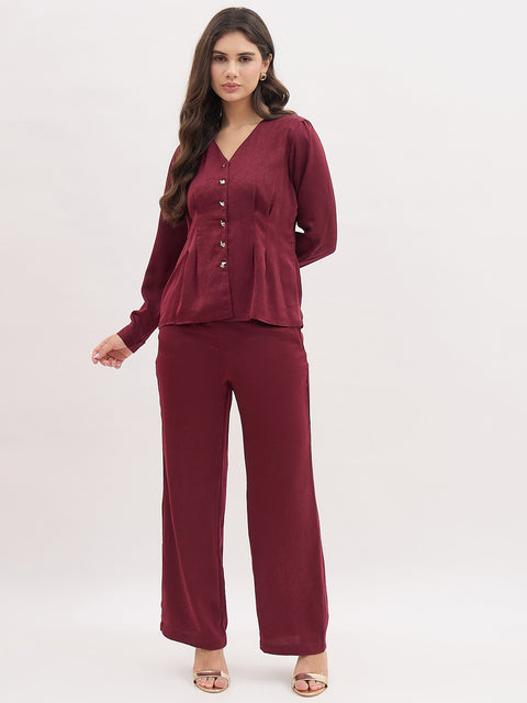 Madame Maroon V-Neck Co-ord Set