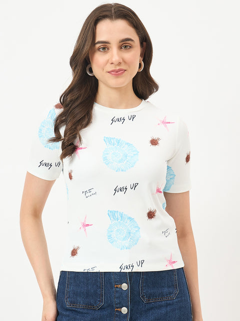 Madame White Slim-Fit Half-Sleeve Stretch Top