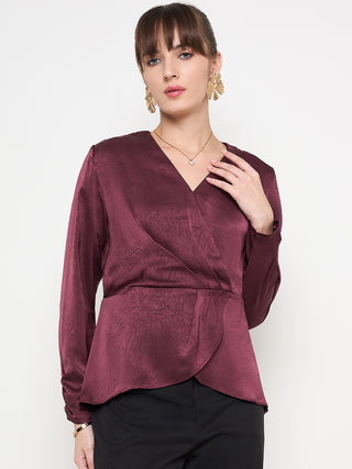 Madame Solid Maroon Overlap Asymmetrical Ruched Sleeve Satin Top