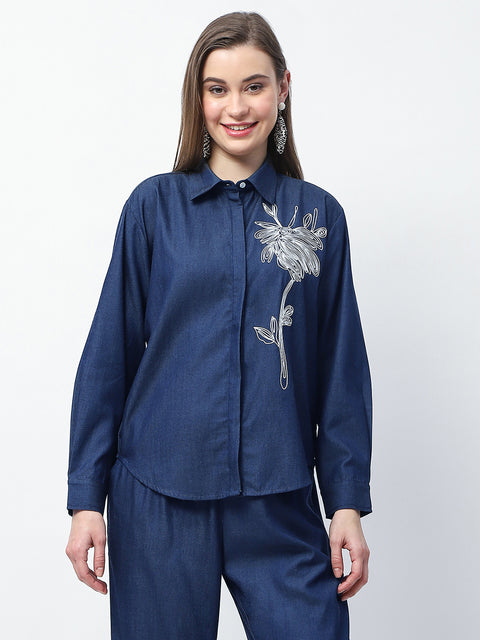 Madame Dori Embroidered Navy Blue Cotton Blend Shirt