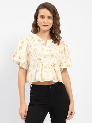 Madame Mandarin Collar Ruffle Detailing Printed Cotton Peplum Top