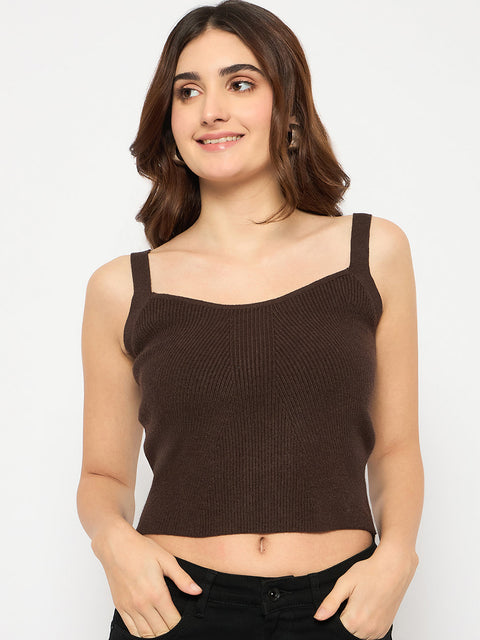 Madame Sleeveless Solid Coffee Brown Ribbed Knit Sweater
