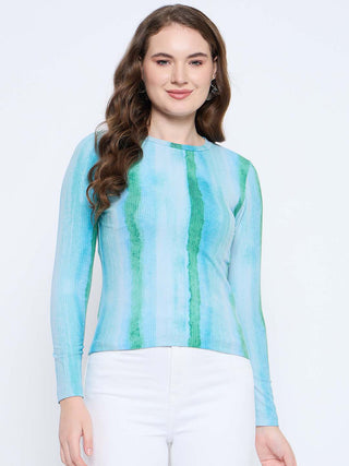 Madame Abstract Print Crew Neck Loose Fit Mint Green Top