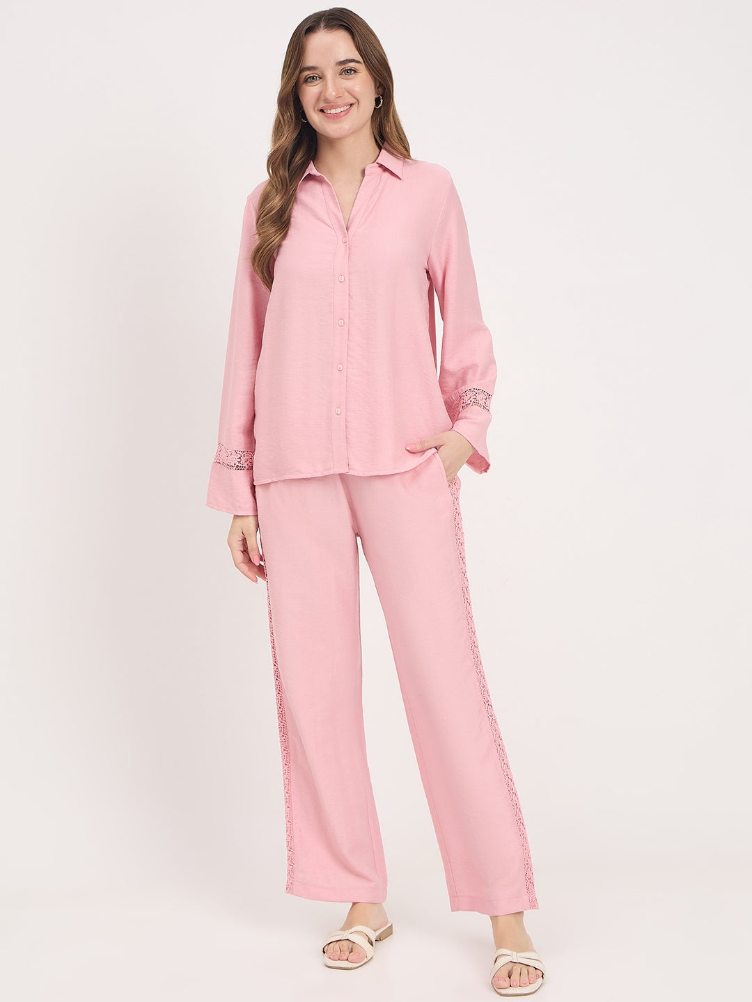 Madame Pink Rayon Collared Full Sleeve Co-ord Set color swatch