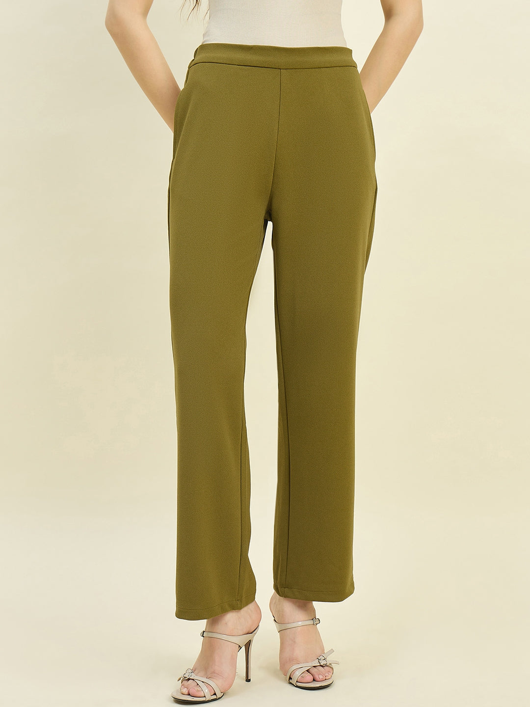 Madame Solid Olive Straight Fit Trousers color swatch