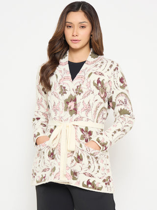 Madame Printed Beige Shrug with Belt