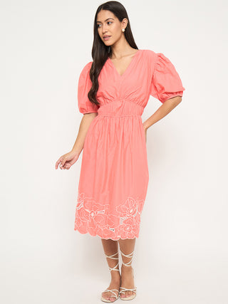 Madame Floral Embroidered Hem Fit and Flared Coral Midi Dress
