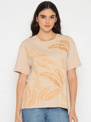 Madame Botanical Print Beige Cotton T-shirt