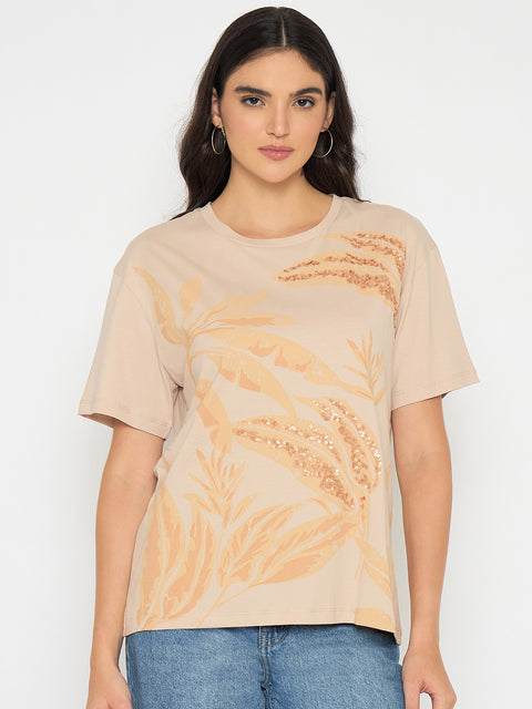 Madame Botanical Print Beige Cotton T-shirt