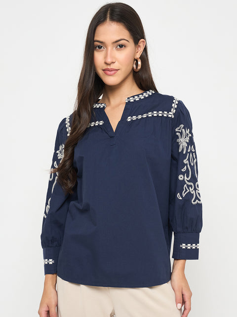 Madame Embroidered Split Crew Neck Navy Blue Cotton Top