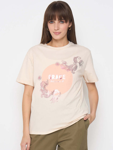 Madame Sinker Graphic Print Foil Detailed Beige Tshirt