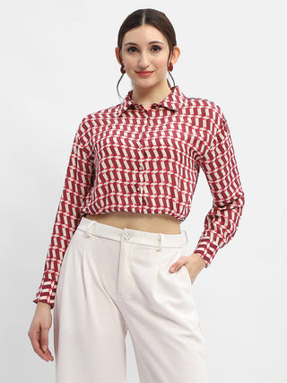 Madame Geometric Print Maroon Crop Shirt