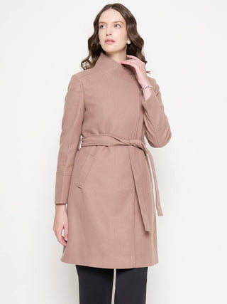 Madame Front Pocketed Textured Blush Long Wrap Coat