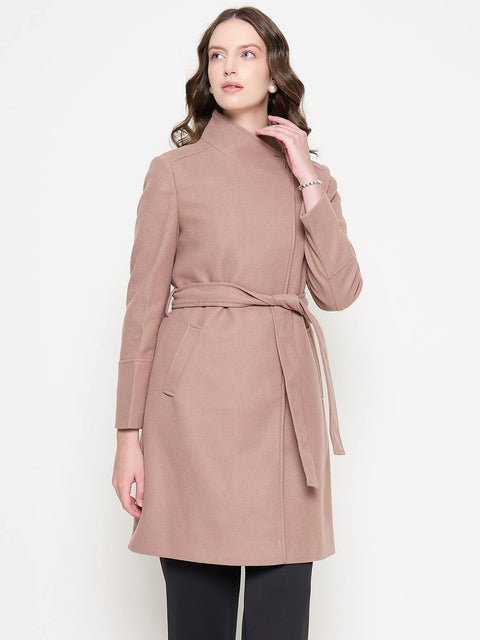 Madame Front Pocketed Textured Blush Long Wrap Coat