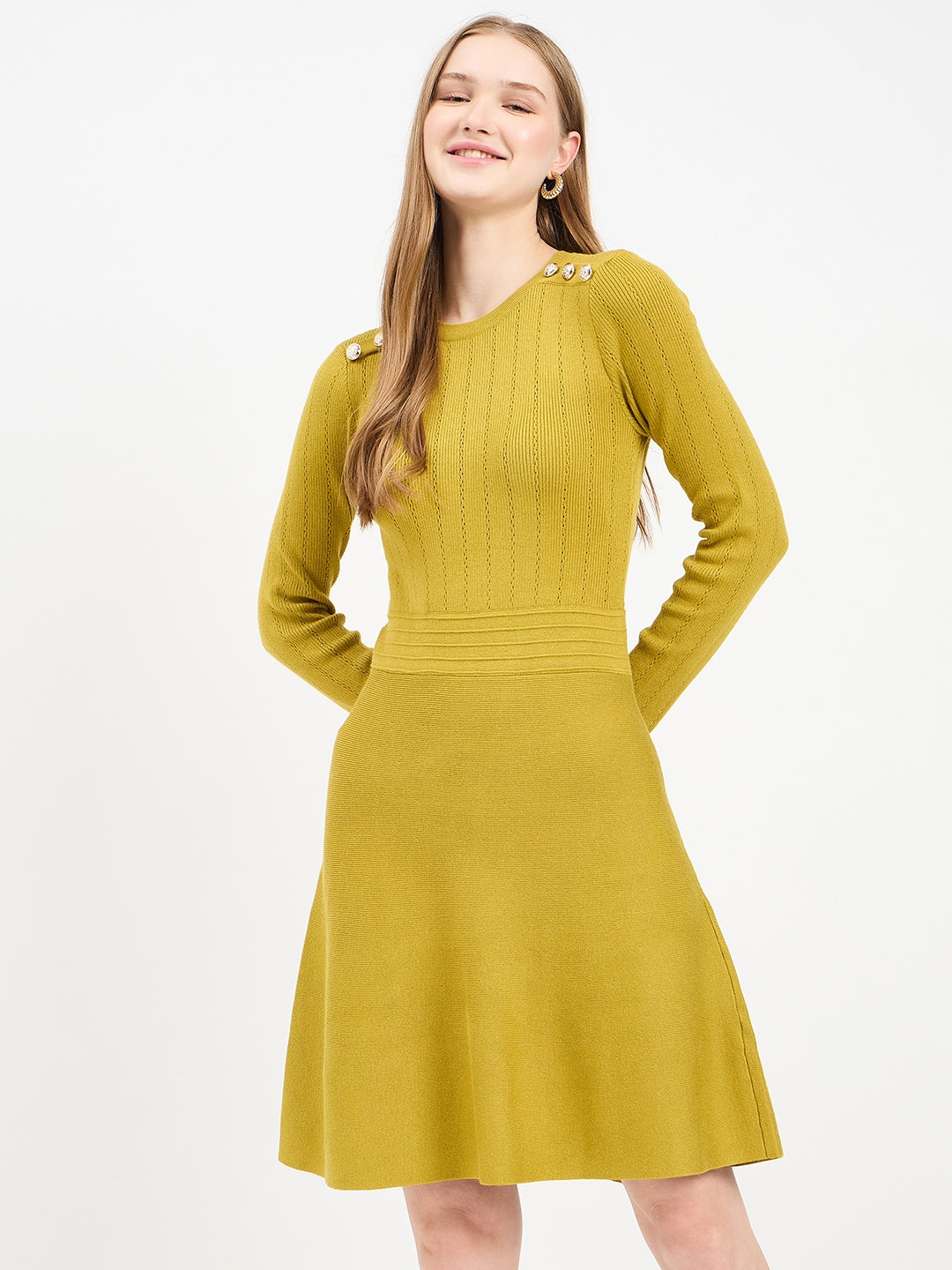 Madame Embellished Fit and Flare Green Knit Dress color swatch