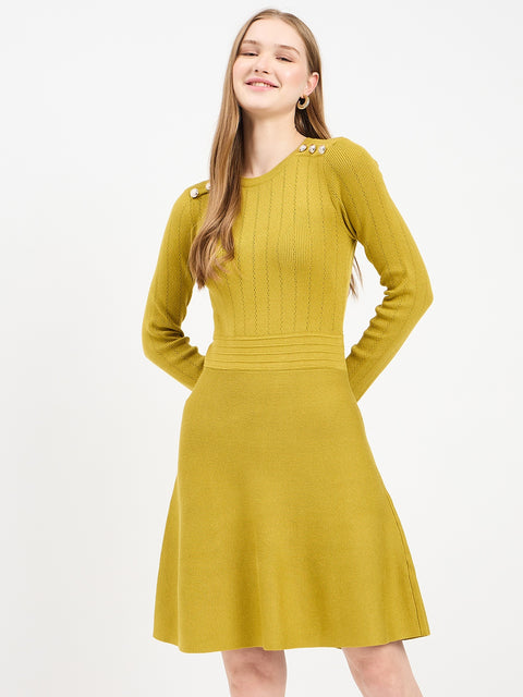 Madame Embellished Fit and Flare Green Knit Dress