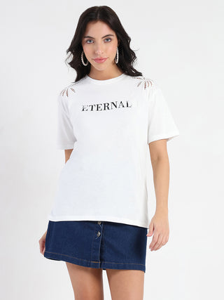 Madame Printed Embroidery Cutwork White Crop T-shirt