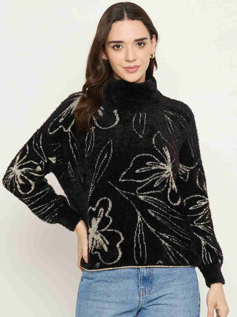 Madame Floral Print High Neck Black Sweater