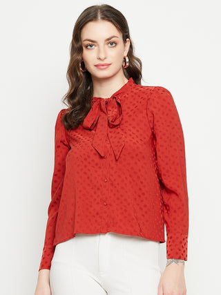 Madame Tie-Up Neck Solid Rust Orange Shirt