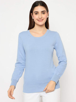Madame Round Neck Ribbed Cuff Sky Blue Sweater