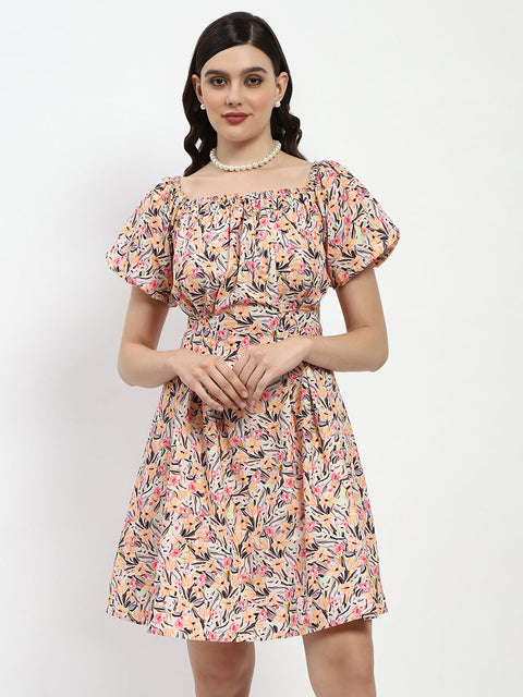 Madame Cotton Floral Print Off Shoulder Orange Mini Dress