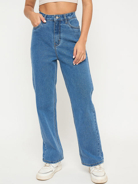 Madame Acid Wash Mid Blue Cotton Blend Straight Jeans