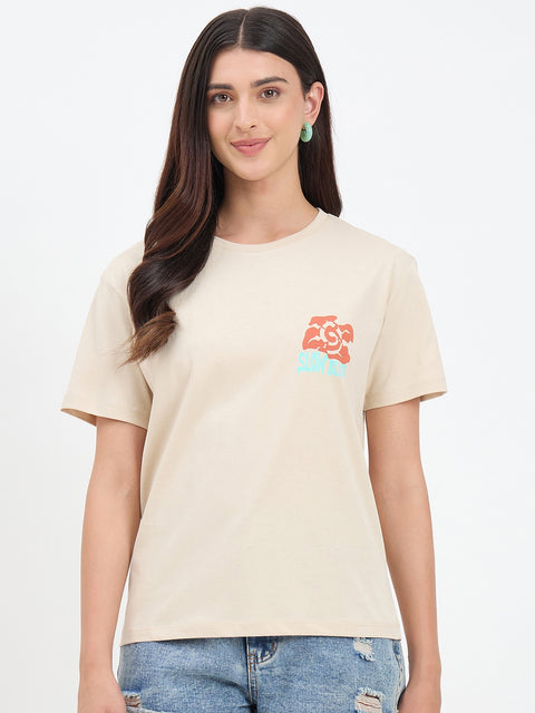 Madame Beige Cotton Printed Half-Sleeve T-Shirt
