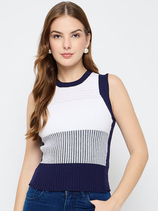Madame Colourblock Sleeveless Navy Blue Knitted Top